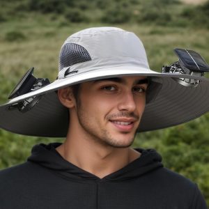 Hat with Solar Power Fans - Unisex - 2 Solar Fans - Solar or USB-C Charging - Gray - Item #9309