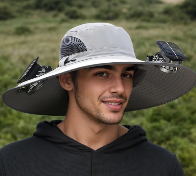 Hat with Solar Power Fans - Unisex - 2 Solar Fans - Solar or USB-C Charging - Gray - Item #9309