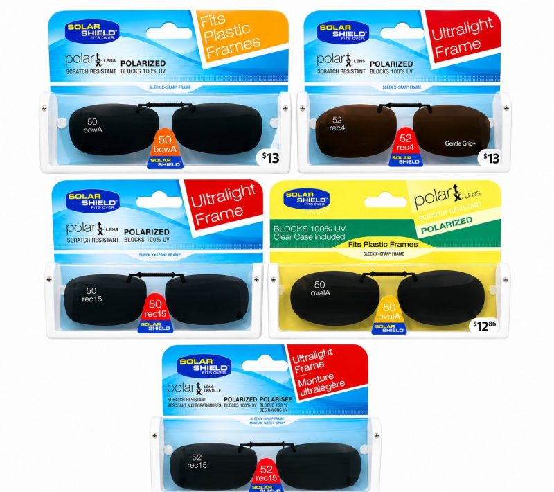 Solar Shield Polarized Clip-On Sunglasses - Blocks 100% UV - Assorted Sizes, Shapes & Colors - Item #9307