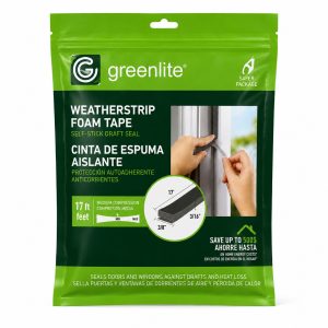 Greenlite Weatherstrip Foam Tape – Self-Stick Draft Seal - 3/8" x 3/16" x 17 ft - Item #9445