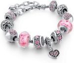 Pink Hearts Silver Plated Charm Bracelet - Adjustable Snake Chain - Item #9495