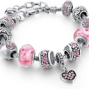 Pink Hearts Silver Plated Charm Bracelet - Adjustable Snake Chain - Item #9495