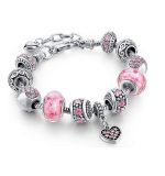 Pink Hearts Silver Plated Charm Bracelet - Adjustable Snake Chain - Item #9495