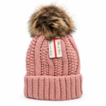 Women Winter Pom Pom Beanie Hat with Warm Fleece Lining - Pink - Item #9667