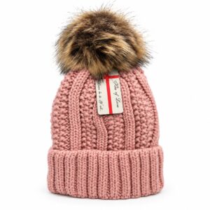 Women Winter Pom Pom Beanie Hat with Warm Fleece Lining - Pink - Item #9667