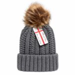 Women Winter Pom Pom Beanie Hat with Warm Fleece Lining - Gray - Item #9666
