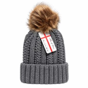 Women Winter Pom Pom Beanie Hat with Warm Fleece Lining - Gray - Item #9666