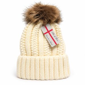 Women Winter Pom Pom Beanie Hat with Warm Fleece Lining - Ivory - Item #9668