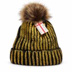 Women Winter Pom Pom Beanie Hat with Warm Fleece Lining - Gold/Black - Item #9671