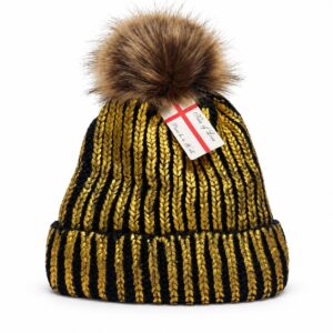 Women Winter Pom Pom Beanie Hat with Warm Fleece Lining - Gold/Black - Item #9671