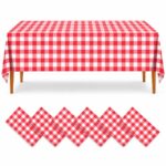 6 pieces - Waterproof Plastic Tablecloth - 140g Thick - 54 x 108 Inches Rectangle - Checkered Red Plaid - Item #9699