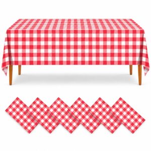 6 pieces - Waterproof Plastic Tablecloth - 140g Thick - 54 x 108 Inches Rectangle - Checkered Red Plaid - Item #9699