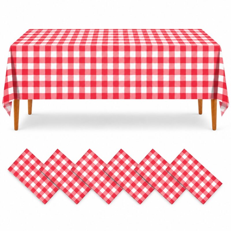 6 pieces - Waterproof Plastic Tablecloth - 140g Thick - 54 x 108 Inches Rectangle - Checkered Red Plaid - Item #9699