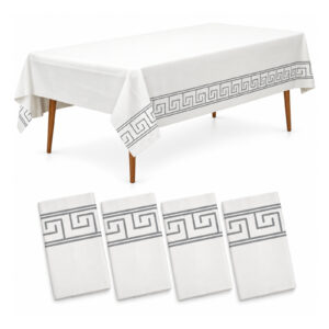 4 pieces - Waterproof Plastic Tablecloth - 140g Thick - 54 x 108 Inches Rectangle - White Greek Design - Item #9788
