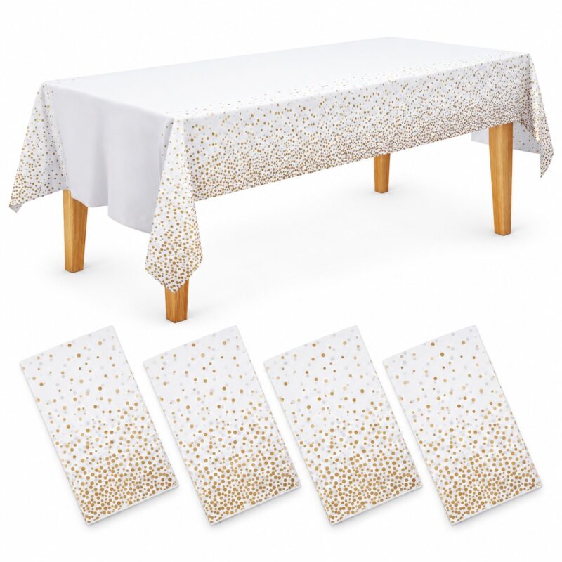 19d52f0a-00a3-4026-84d8-72a5a6398ee7-4-pieces-waterproof-plastic-tablecloth-140g-thick-54-x-108-i-1.jpg 4 pieces - Waterproof Plastic Tablecloth - 140g Thick - 54 x 108 Inches Rectangle - Gold Dots - Item #9708