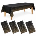 4 pieces - Waterproof Plastic Tablecloth - 140g Thick - 54 x 108 Inches Rectangle - Black W/ Gold Dots - Item #9757