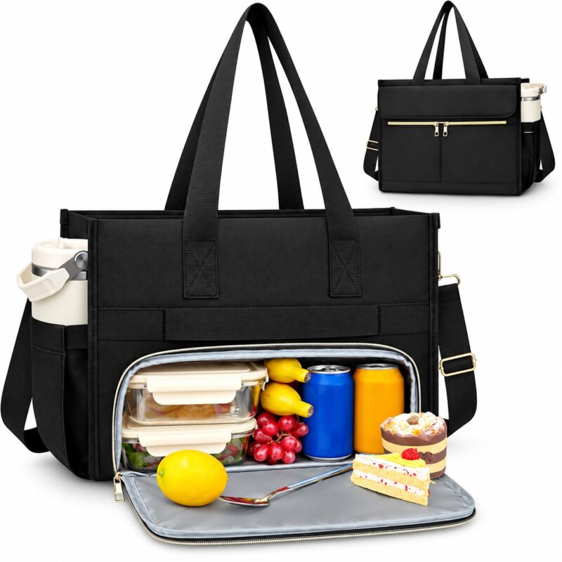 Insulated Lunch Bag - 15.6" Laptop Tote - Leak Proof Cooler Compartment - Black - Item #9677