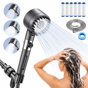 NUAN Filtered Handheld Shower Head Set 3 Spray Modes - Pressure Booster with Hose - 6 Filters - Item #9695