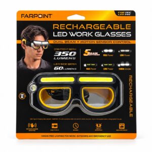 Farpoint Rechargeable LED Work Glasses – 350-Lumen Front Light, Motion Sensor & 5 Light Modes - Item #9780