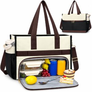 Insulated Lunch Bag - 15.6" Laptop Tote - Leak Proof Cooler Compartment - Black/White - Item #9679