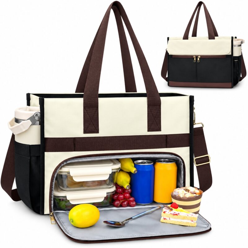 Insulated Lunch Bag - 15.6" Laptop Tote - Leak Proof Cooler Compartment - Black/White - Item #9679