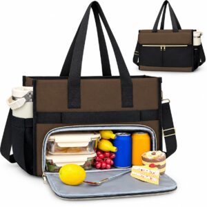 Insulated Lunch Bag - 15.6" Laptop Tote - Leak Proof Cooler Compartment - Black/Brown - Item #9678