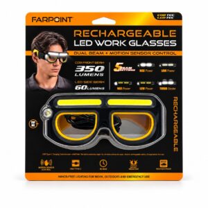 Farpoint Rechargeable LED Work Glasses – 350-Lumen Front Light, Motion Sensor & 5 Light Modes - Item #9780