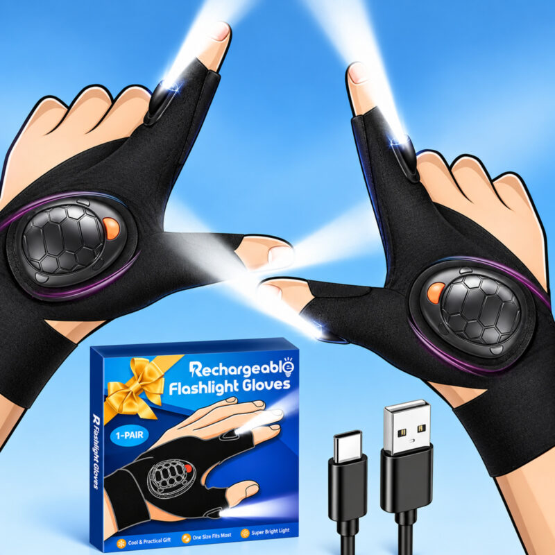 Rechargeable LED Flashlight Gloves with Lights - 1 Pair - Waterproof Handsfree Finger Light - Item #9782