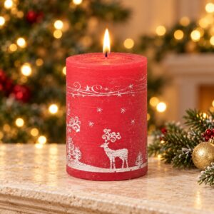 3 x 4-Inch Red Holiday Pillar Reindeer Candle - C754 - Item #9743
