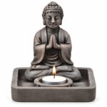 Stone Buddha Tray Tealight Candle Holder – 5.75" Tall - Gray with Gold - H1528 - Item #9748