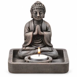 Stone Buddha Tray Tealight Candle Holder – 5.75" Tall - Gray with Gold - H1528 - Item #9748