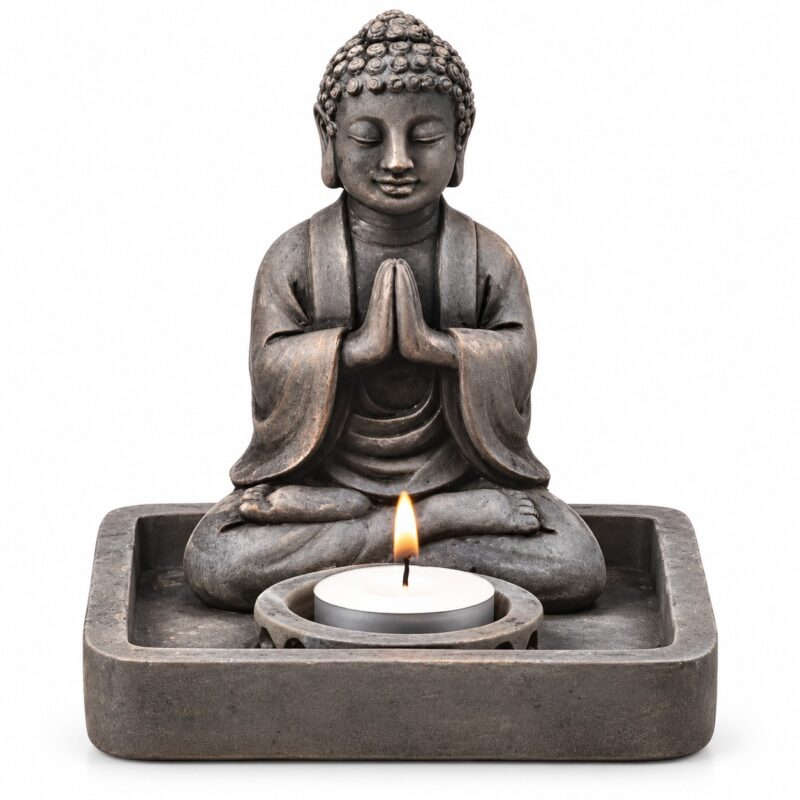 931d0b7b-e2e1-4366-bdbf-f2b75dad25d7-stone-buddha-tray-tealight-candle-holder-5-75-tall-gray-with-1.jpg Stone Buddha Tray Tealight Candle Holder – 5.75" Tall - Gray with Gold - H1528 - Item #9748
