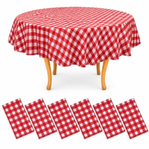 6 pieces - Waterproof Plastic Tablecloth - 140g Thick - 84 x 84 Inches Round - Checkered Red Plaid - Item #9698