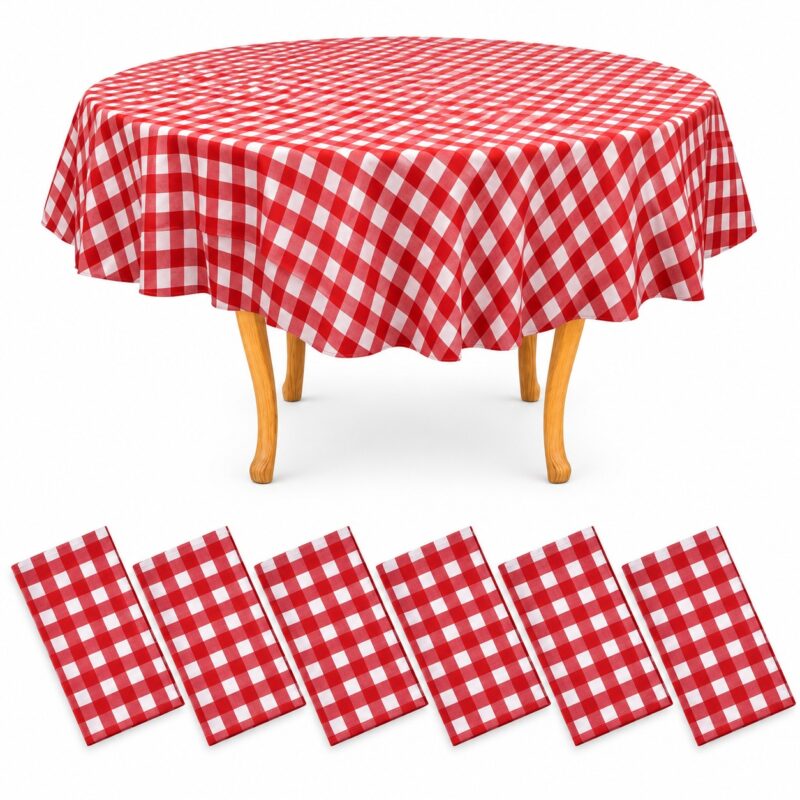6 pieces - Waterproof Plastic Tablecloth - 140g Thick - 84 x 84 Inches Round - Checkered Red Plaid - Item #9698