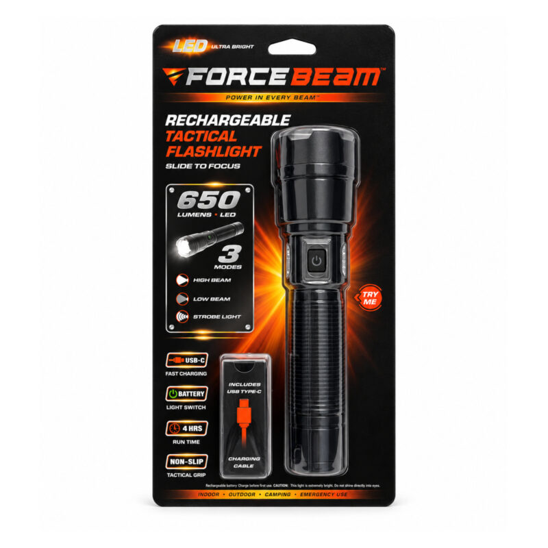 e047baec-ccad-4ae2-b280-9a4758eb2345-forcebeam-rechargeable-tactical-led-flashlight-650-lumens-us-1.jpg ForceBeam Rechargeable Tactical LED Flashlight – 650 Lumens, USB-C Charging & 3 Light Modes - Item #9802