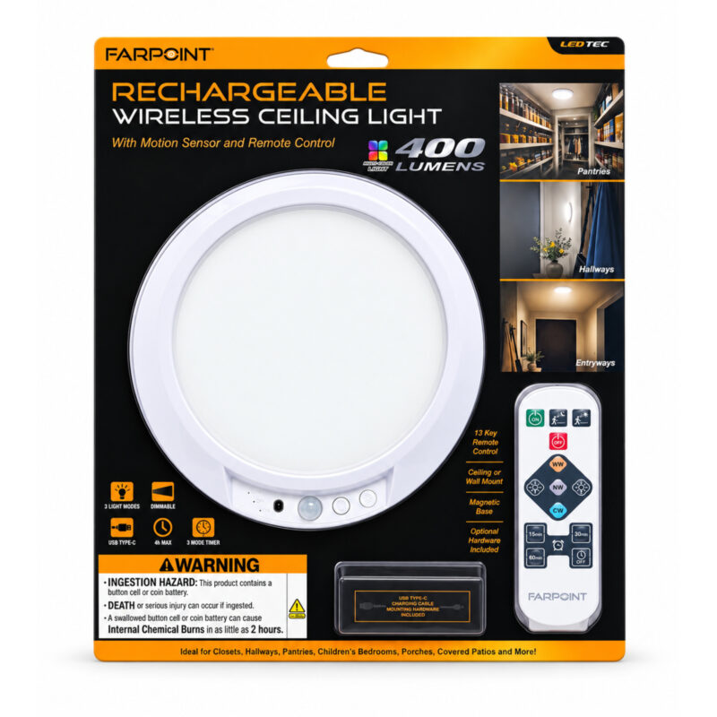 Farpoint Rechargeable Wireless LED Ceiling Light – 400 Lumens with Motion Sensor & Remote - Item #9781